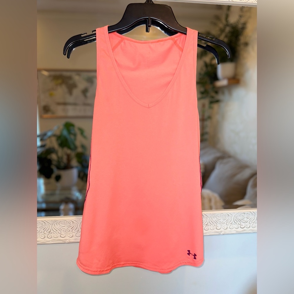 Under Armour Workout Performance Top - Bright Neon Coral Pink/Orange w/ Purple M - Picture 12 of 14
